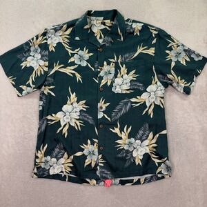 Tommy Bahama Men Large Silk Hawaiian Shirt Teal Green Floral Tropical Camp Aloha